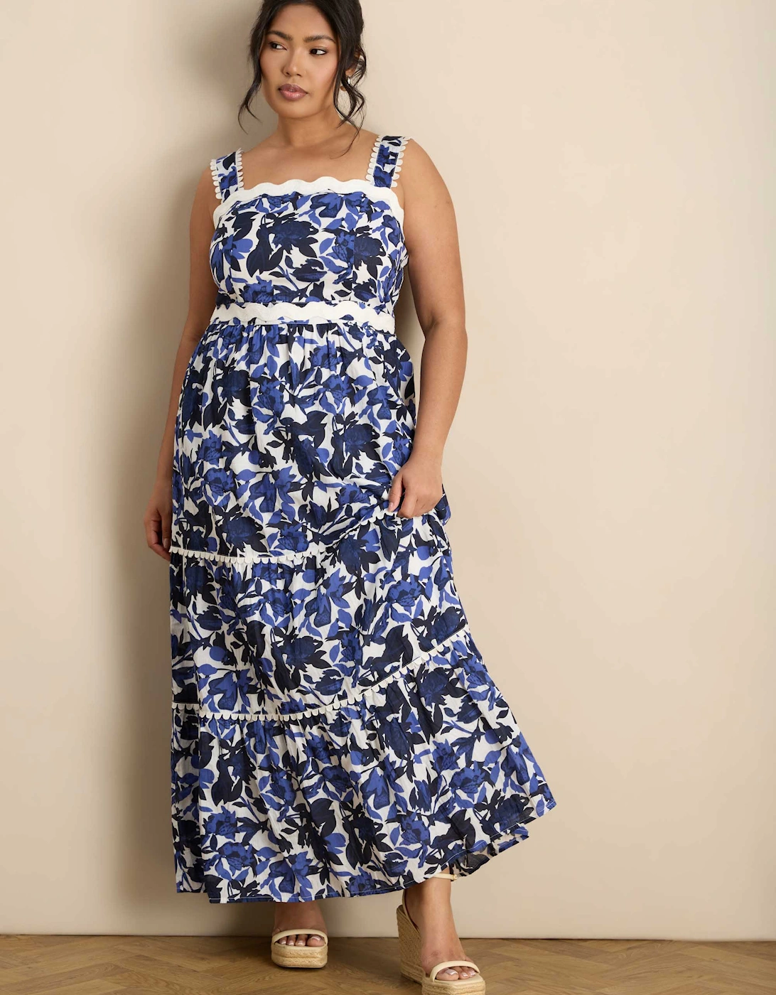 Blue Cotton Floral Print Tiered Maxi Dress