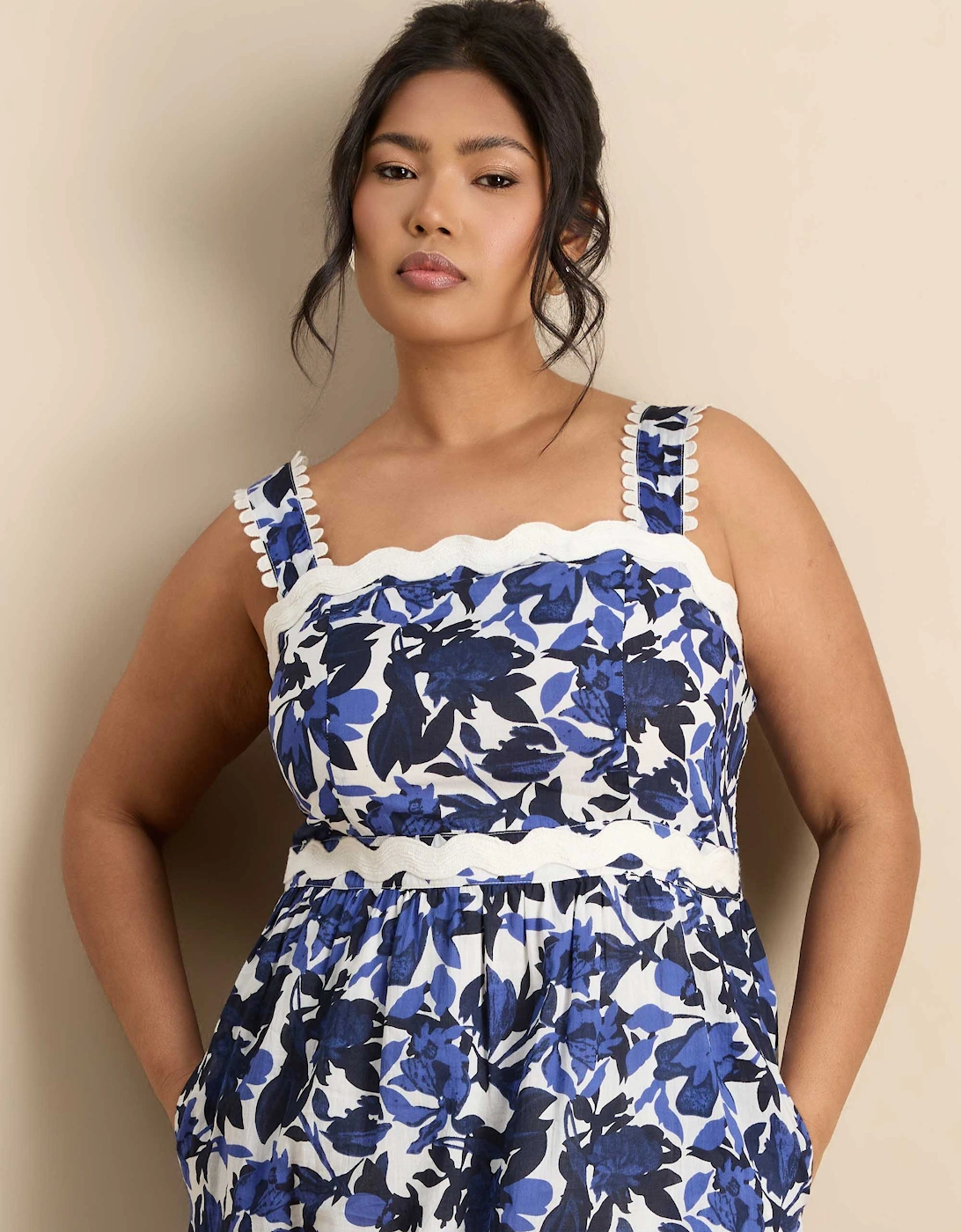 Blue Cotton Floral Print Tiered Maxi Dress