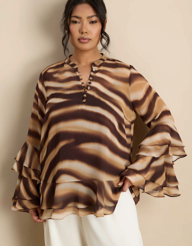 Brown Abstract Print Ruffle Blouse