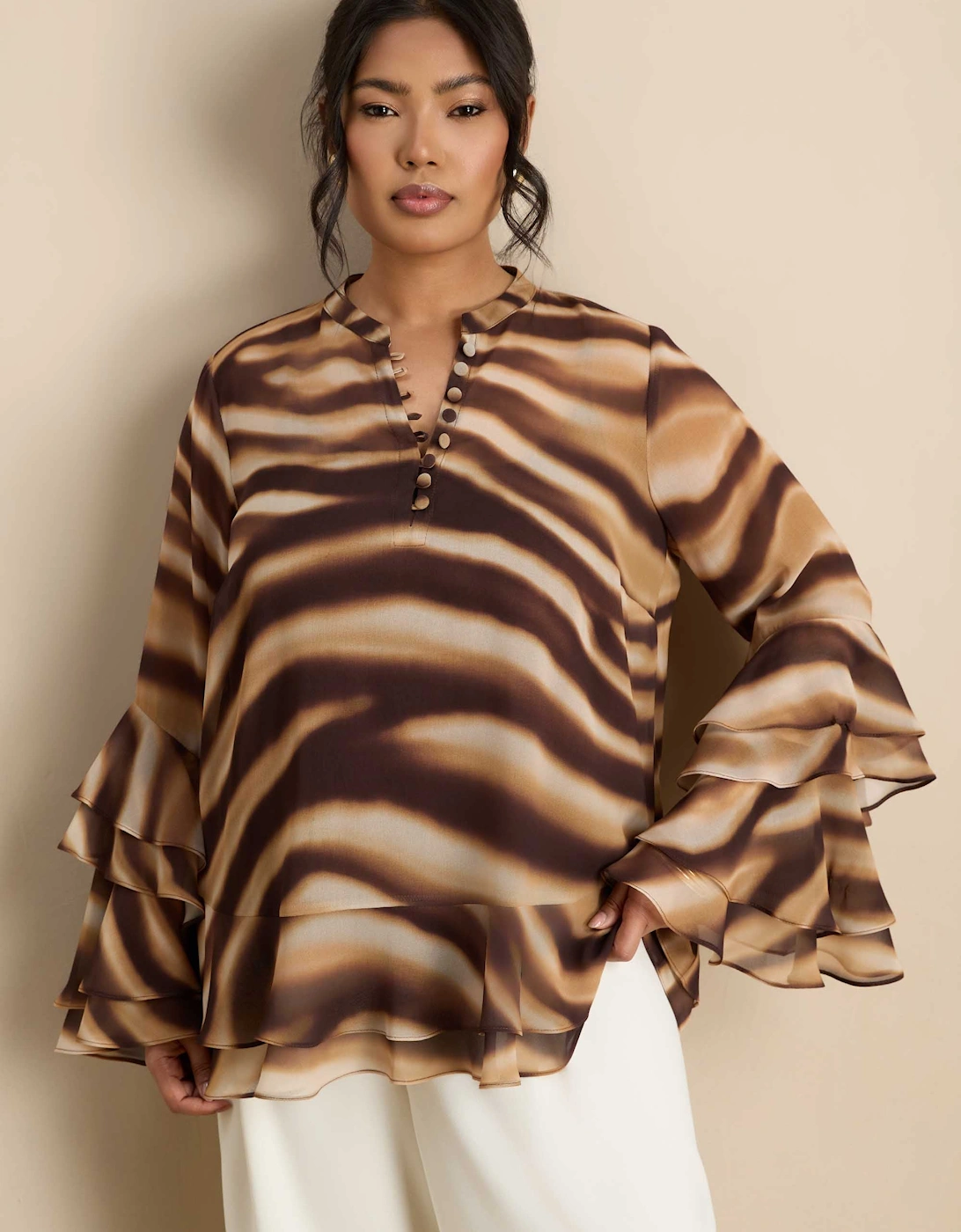 Brown Abstract Print Ruffle Blouse, 6 of 5