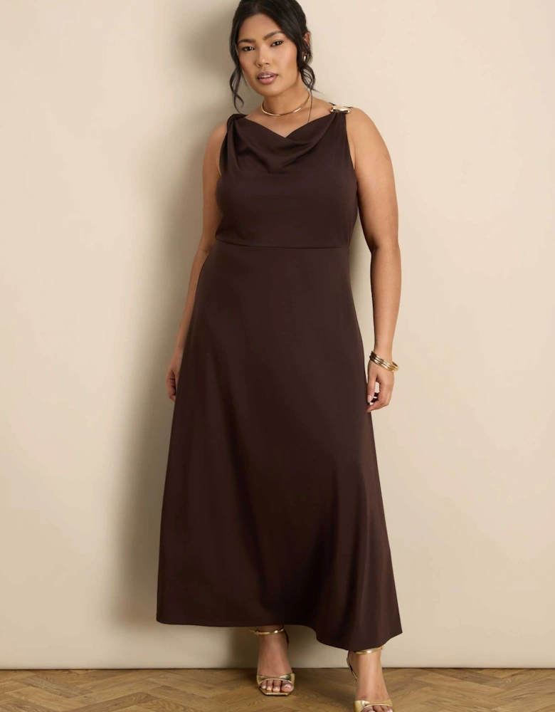 Brown Asymmetric Twist Maxi Dress With Gold Trim