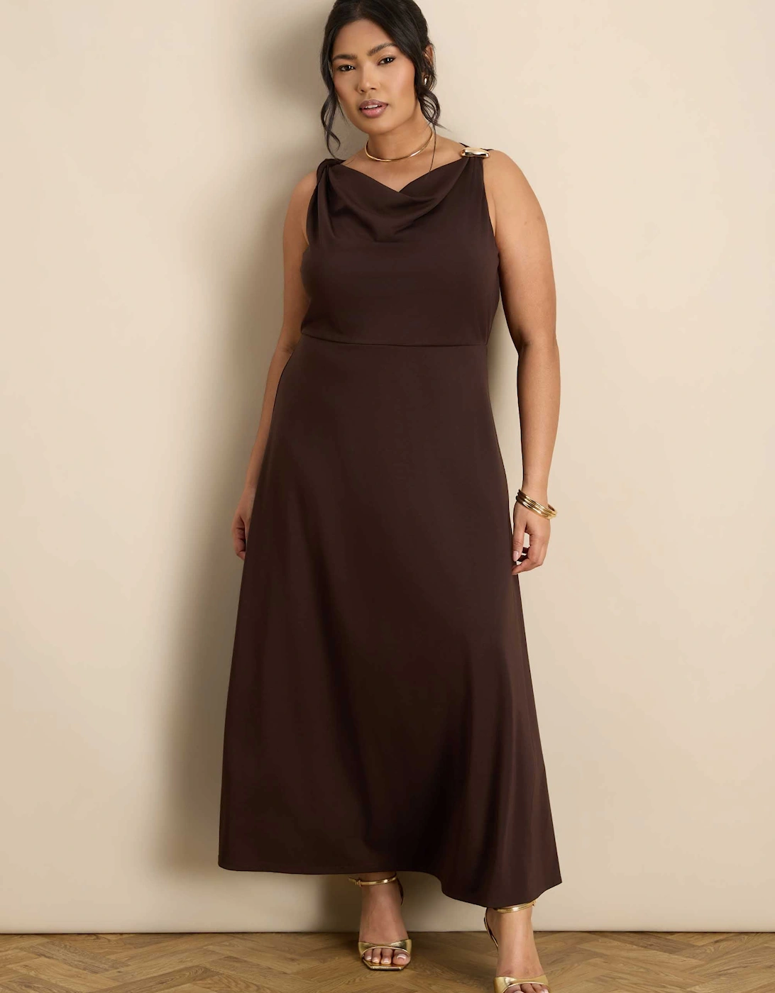 Brown Asymmetric Twist Maxi Dress With Gold Trim, 6 of 5
