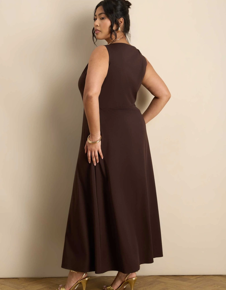 Brown Asymmetric Twist Maxi Dress With Gold Trim