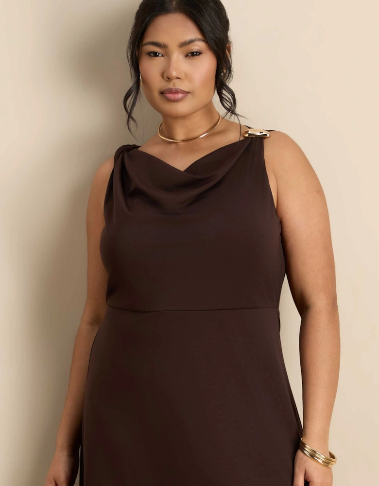 Brown Asymmetric Twist Maxi Dress With Gold Trim