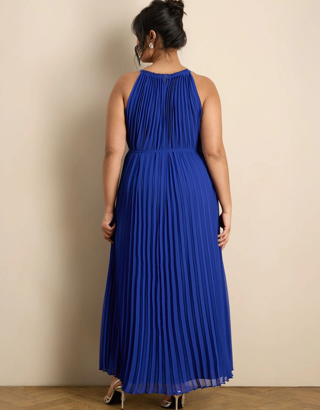 Blue Halter Pleated Maxi Dress