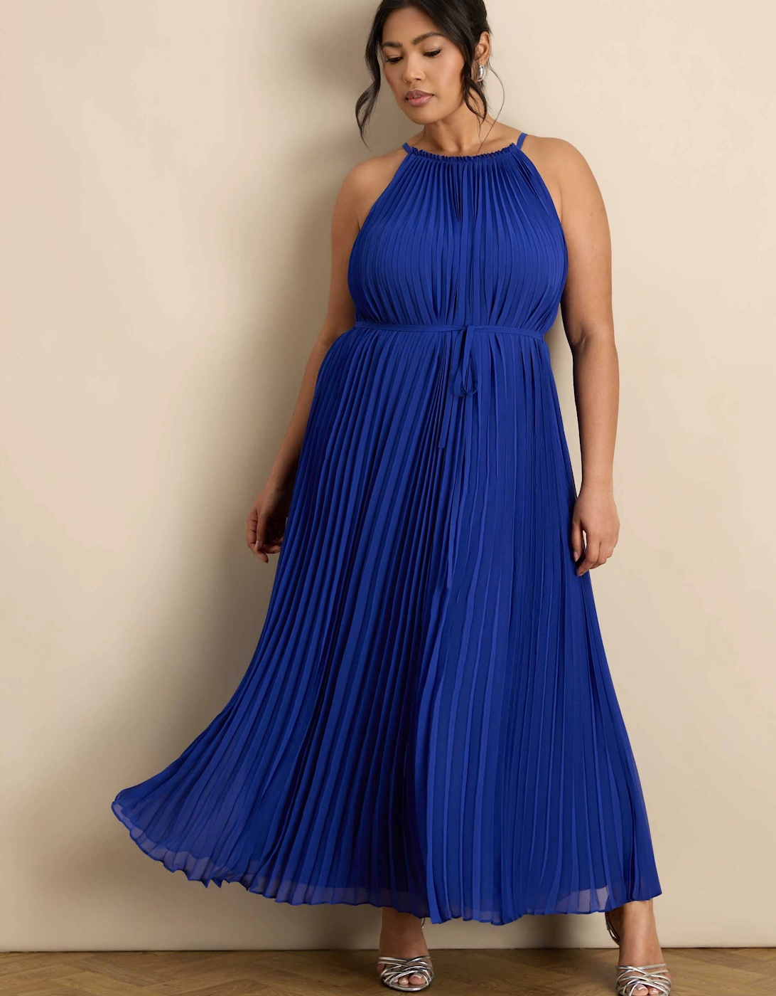 Blue Halter Pleated Maxi Dress
