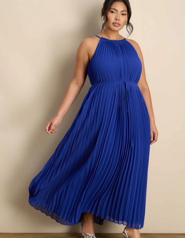 Blue Halter Pleated Maxi Dress