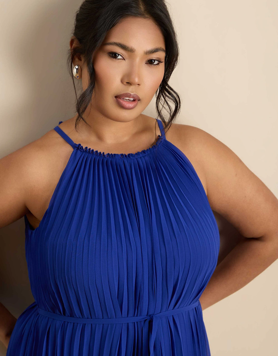 Blue Halter Pleated Maxi Dress