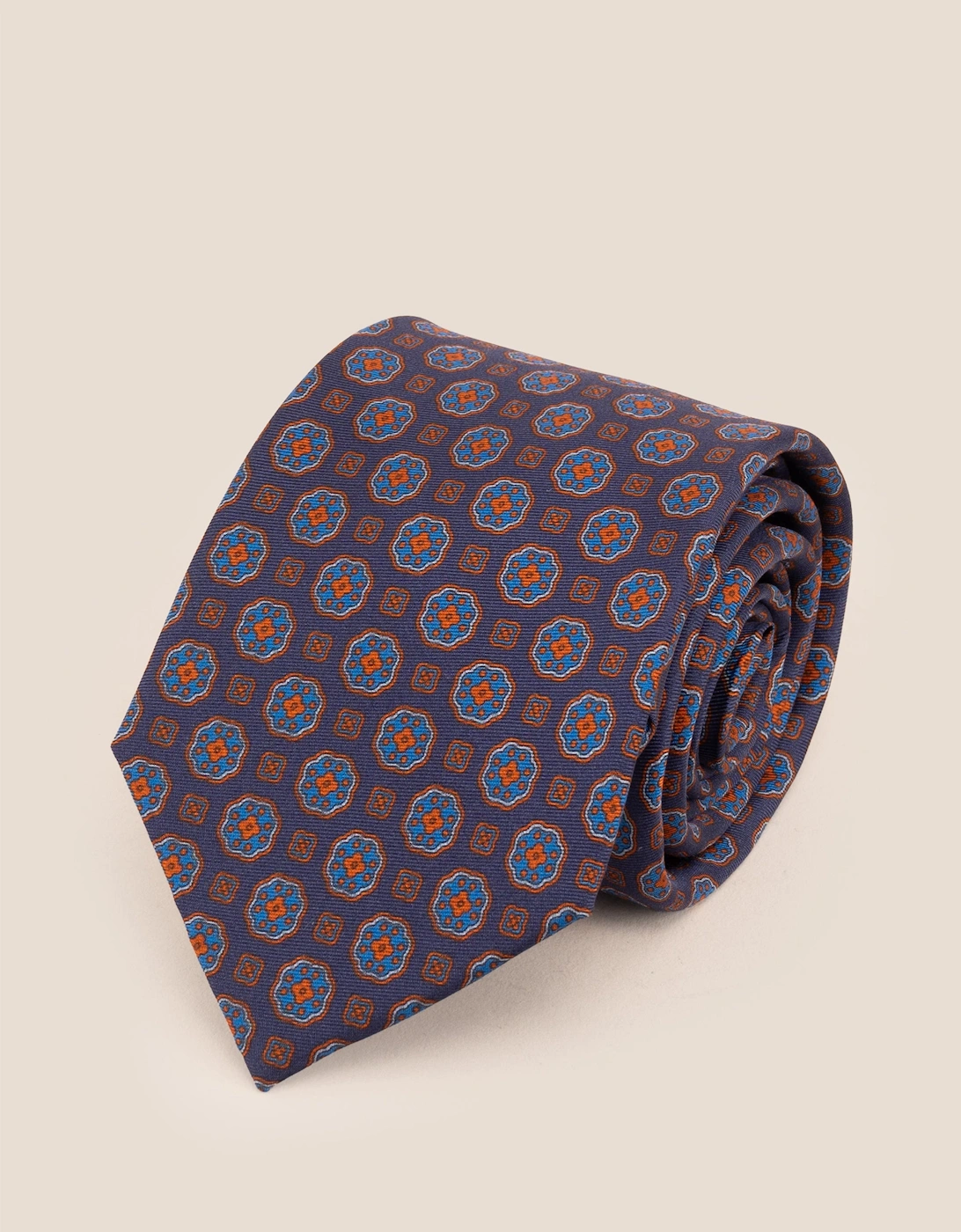 Vintage Navy Block Print Silk Tie
