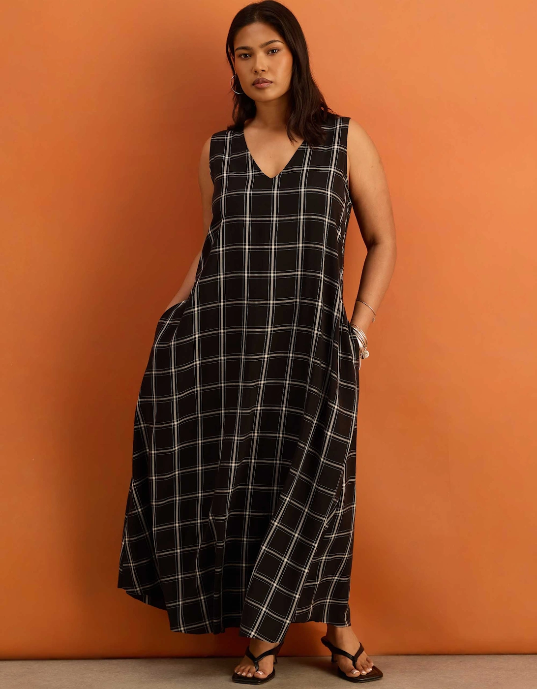 Black Check V Neck Maxi Dress