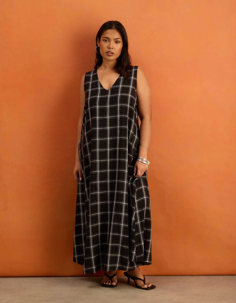 Black Check V Neck Maxi Dress