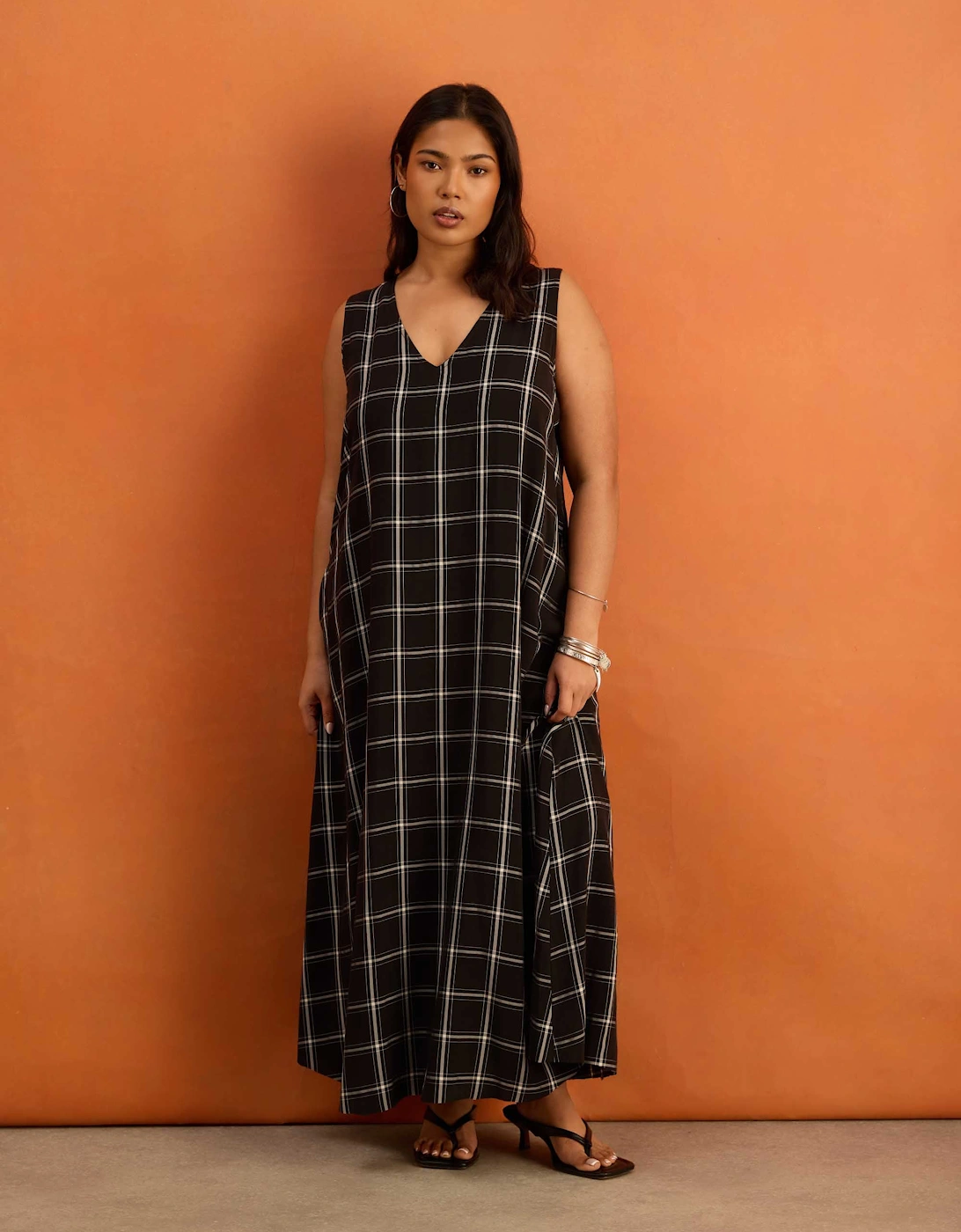 Black Check V Neck Maxi Dress