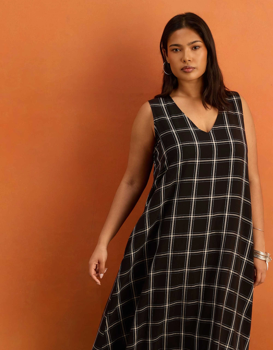 Black Check V Neck Maxi Dress