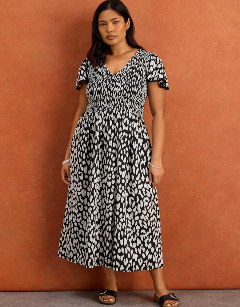 Black Mono Animal Print Shirred Cotton Midi Dress
