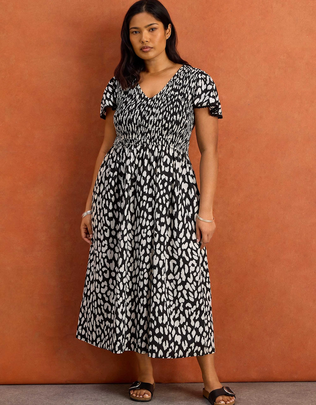 Black Mono Animal Print Shirred Cotton Midi Dress