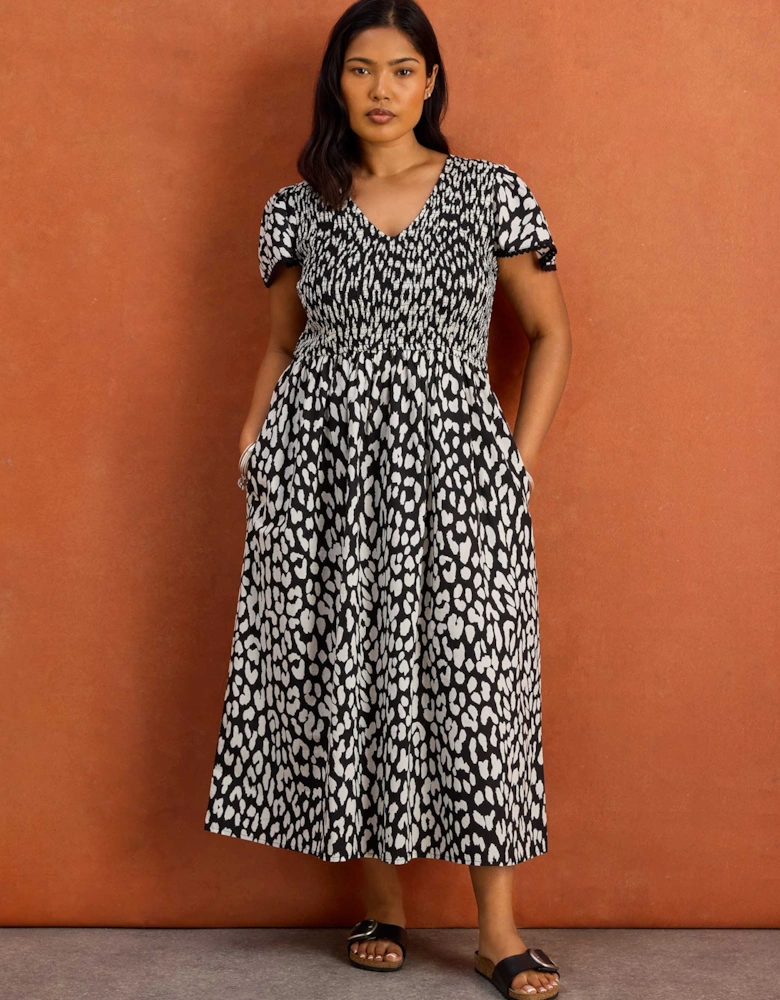 Black Mono Animal Print Shirred Cotton Midi Dress