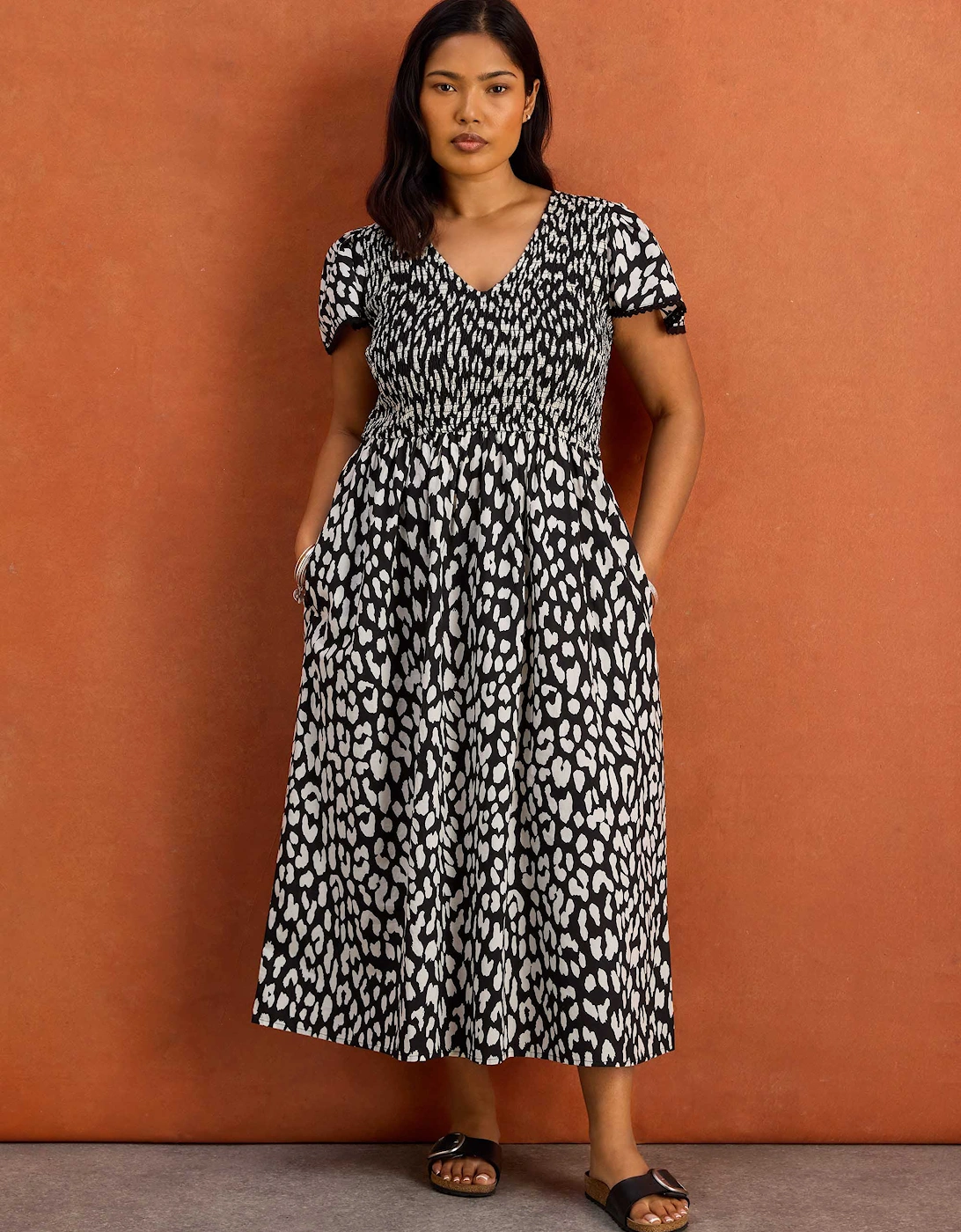 Black Mono Animal Print Shirred Cotton Midi Dress, 7 of 6