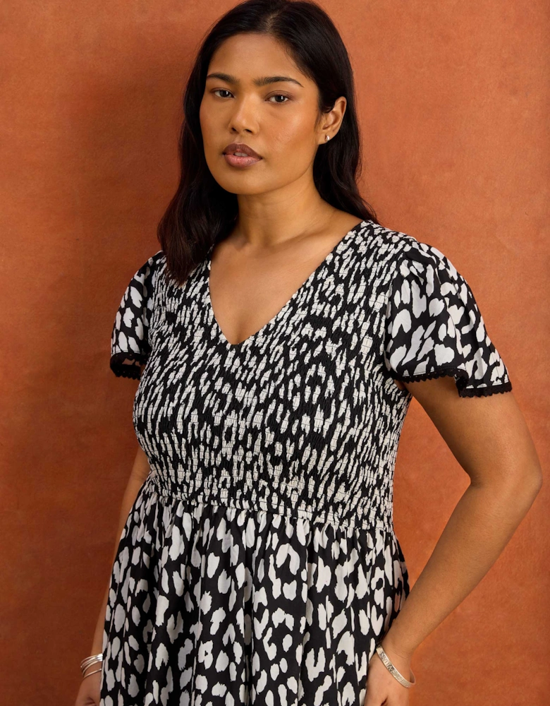 Black Mono Animal Print Shirred Cotton Midi Dress