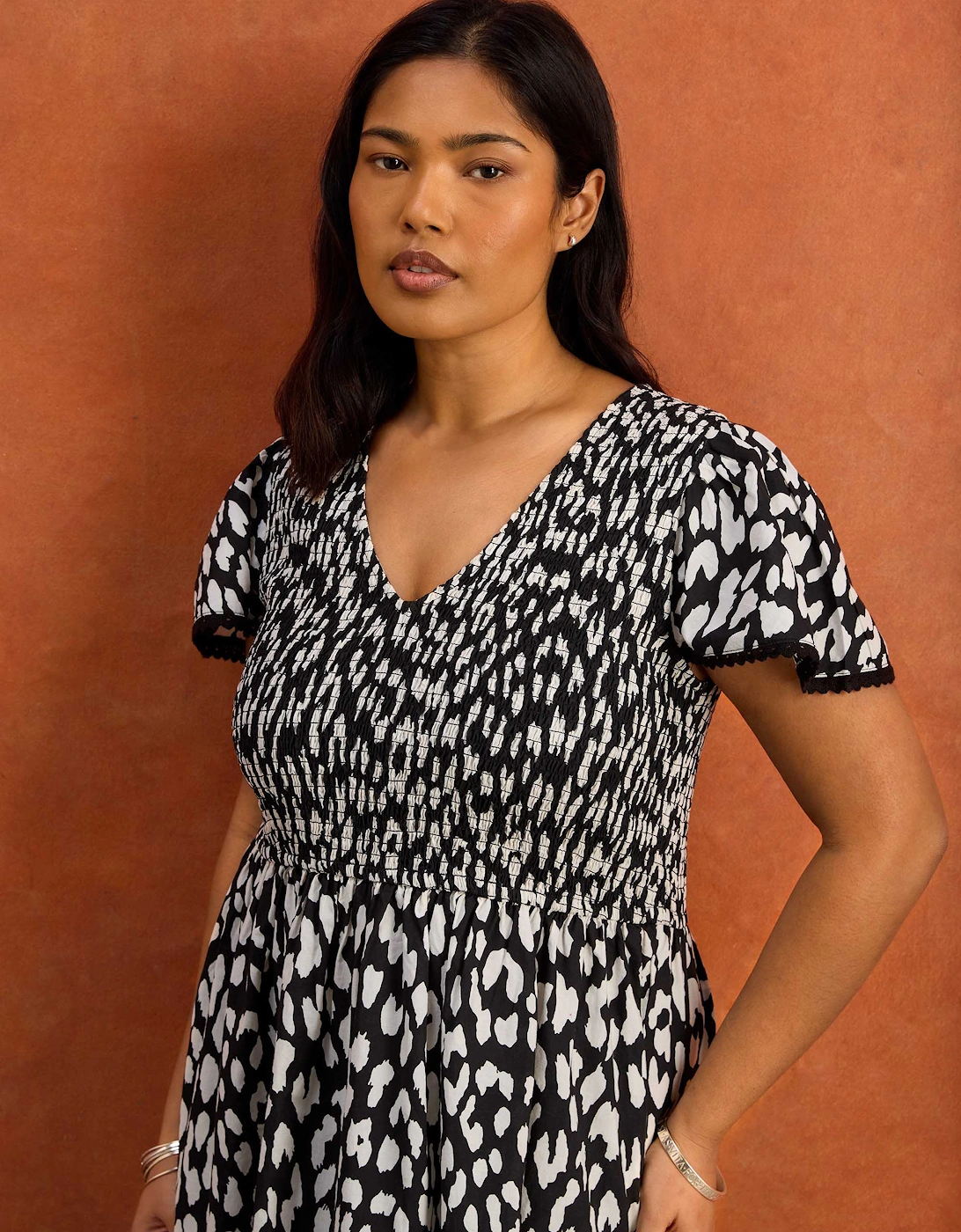 Black Mono Animal Print Shirred Cotton Midi Dress