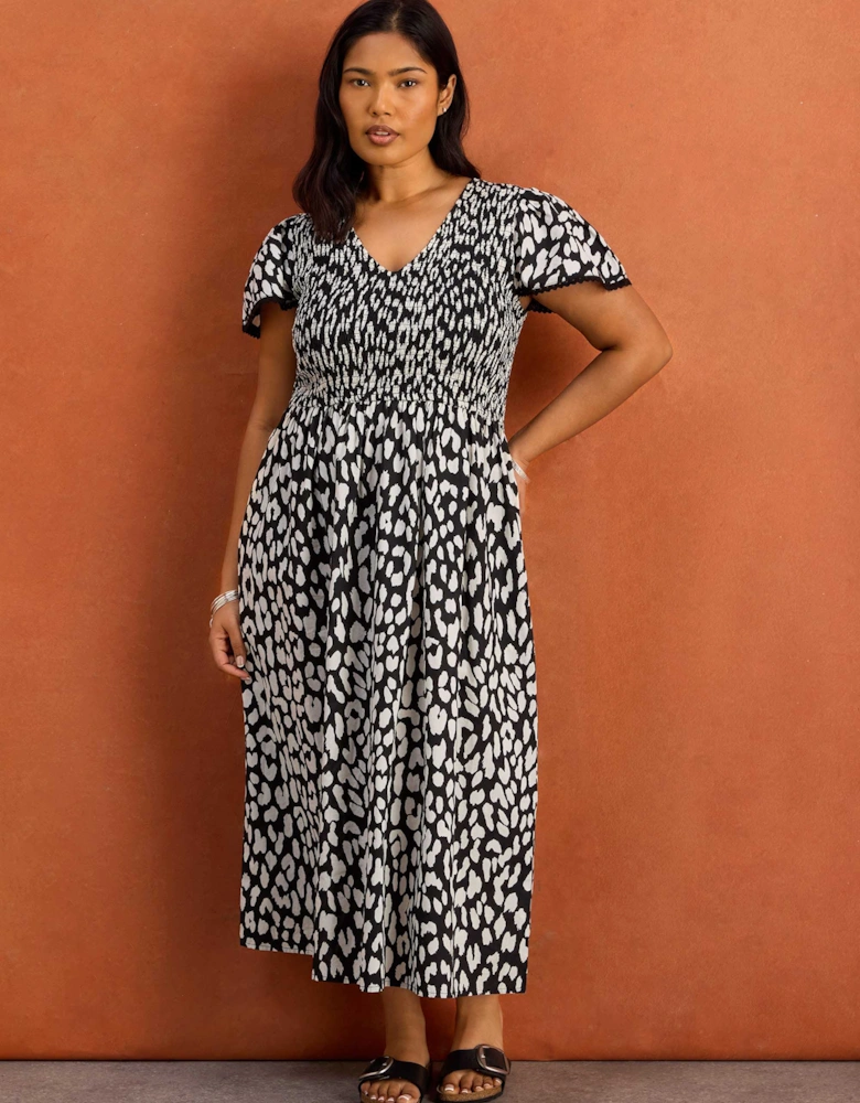 Black Mono Animal Print Shirred Cotton Midi Dress