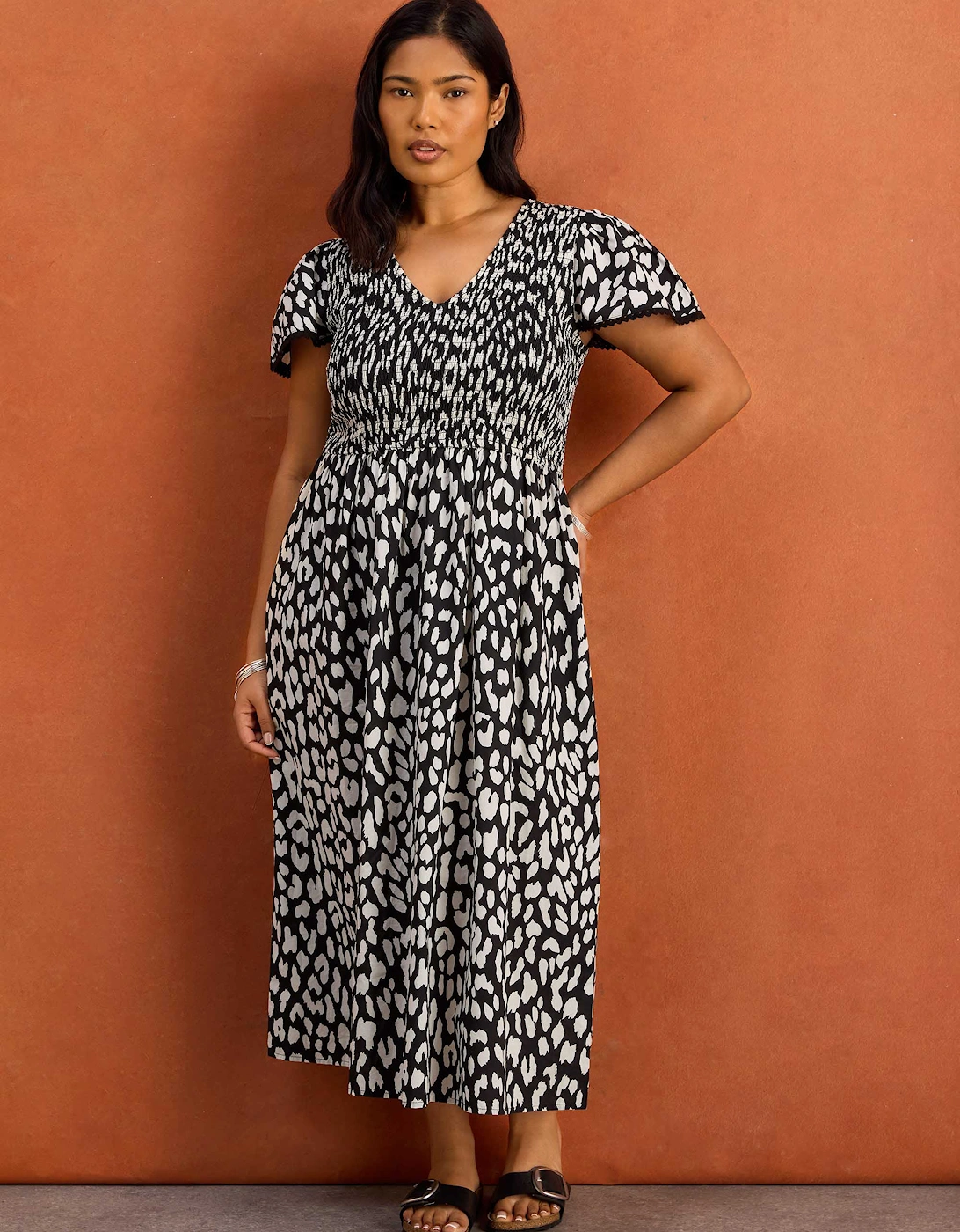 Black Mono Animal Print Shirred Cotton Midi Dress