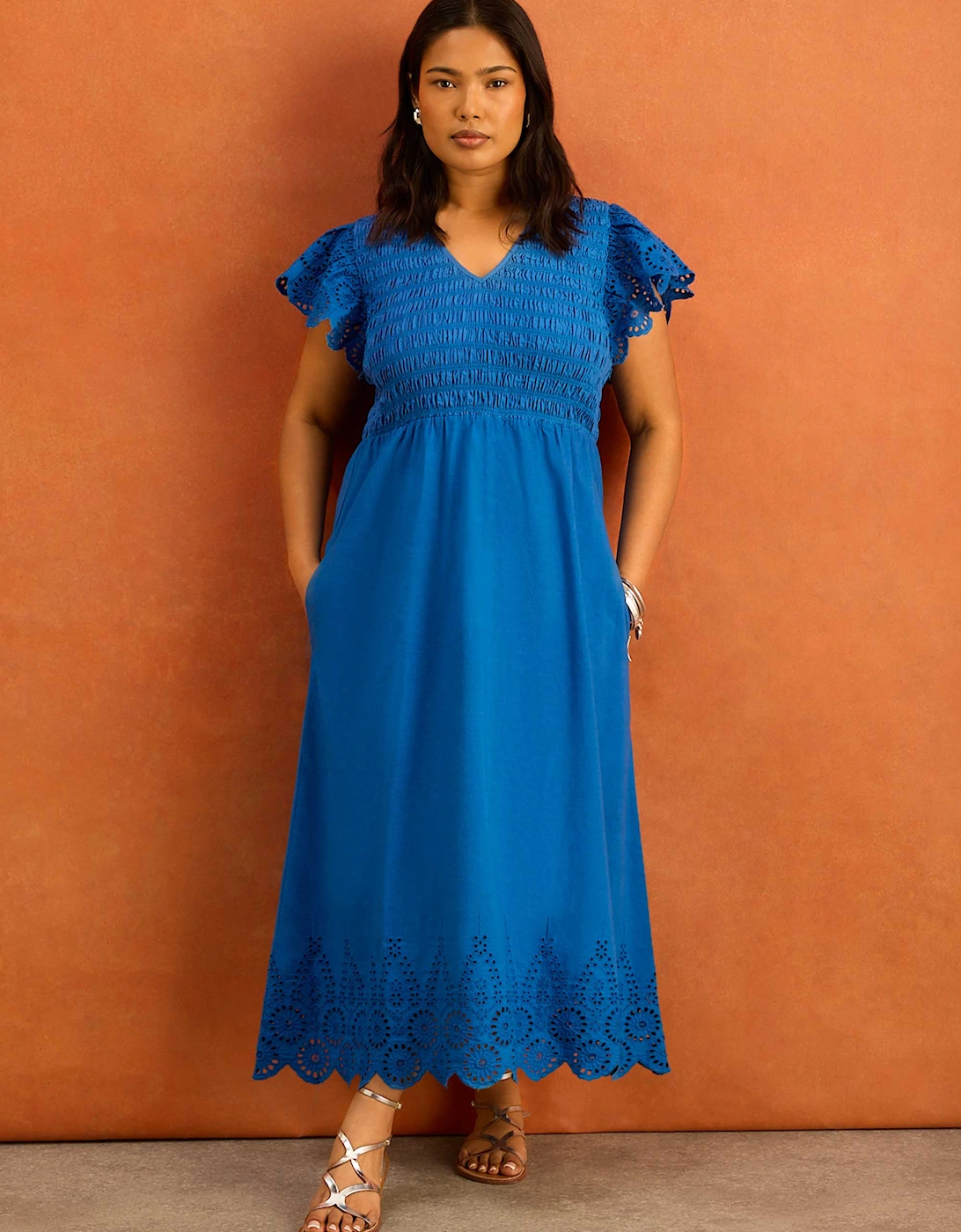 Blue Shirred Broderie Cotton Midi Dress