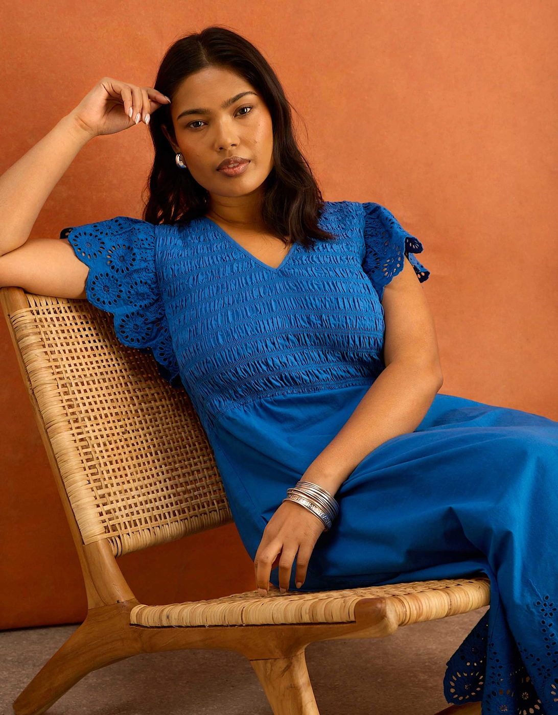 Blue Shirred Broderie Cotton Midi Dress