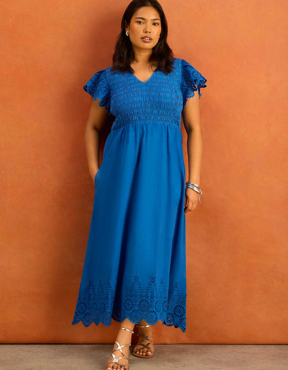 Blue Shirred Broderie Cotton Midi Dress