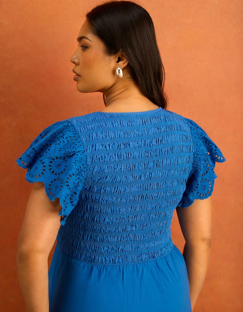 Blue Shirred Broderie Cotton Midi Dress
