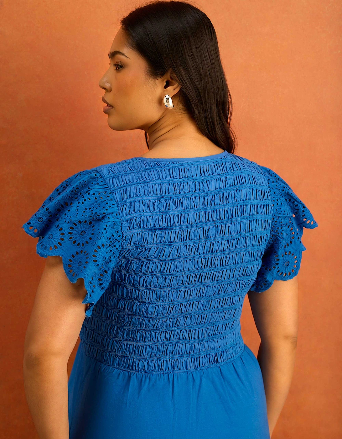 Blue Shirred Broderie Cotton Midi Dress