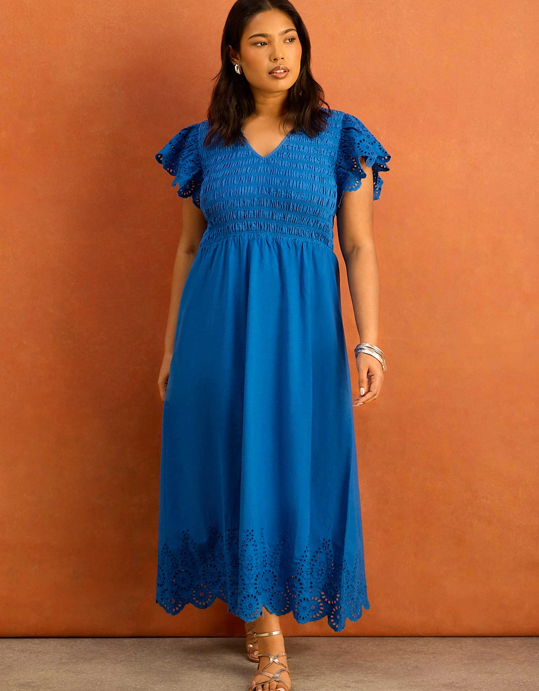 Blue Shirred Broderie Cotton Midi Dress