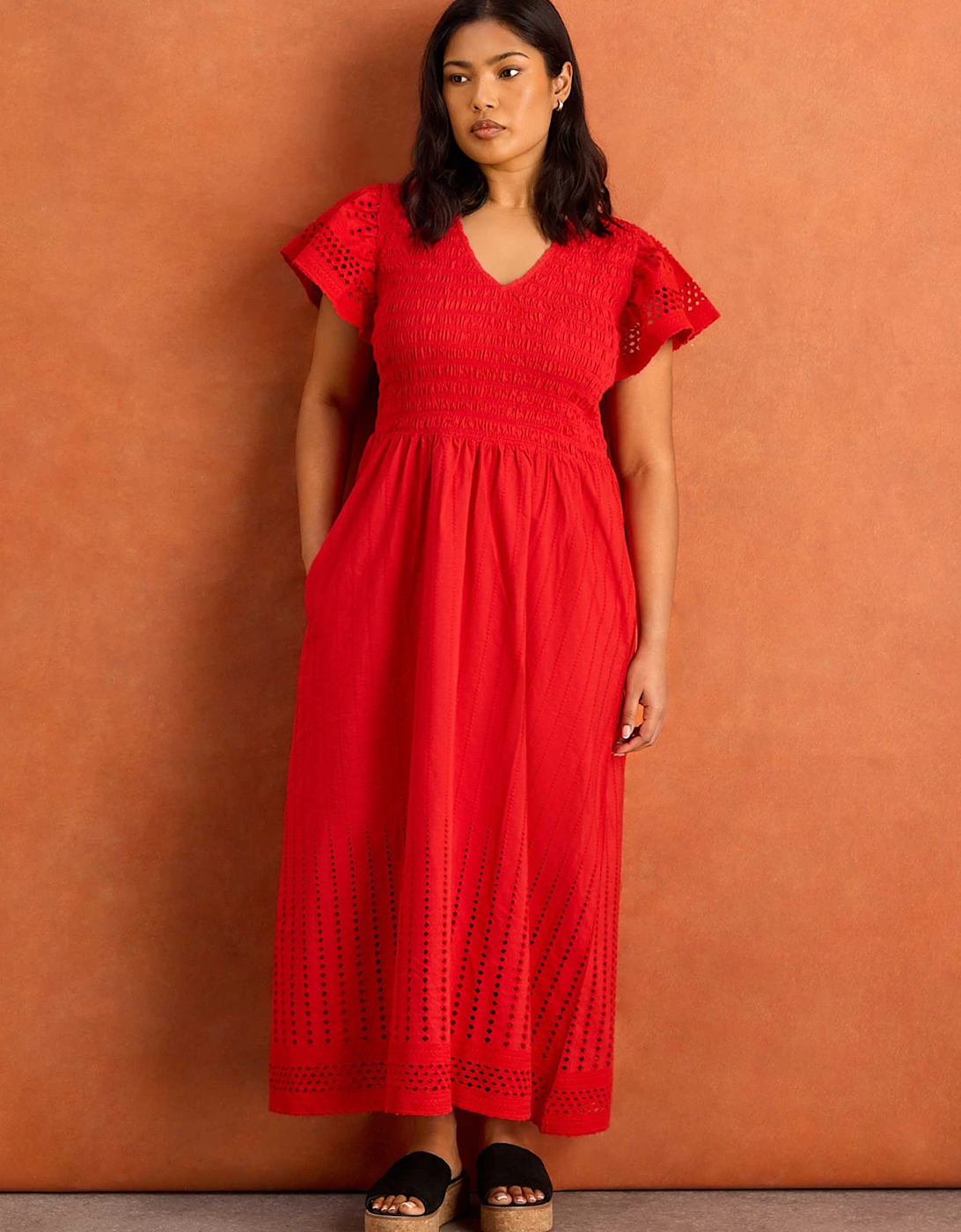 Red Shirred Broderie Cotton Midi Dress