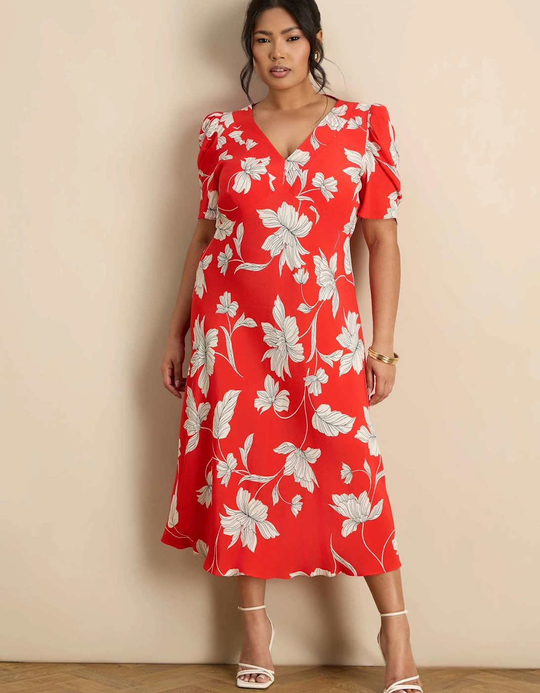 Live Unlimited London Live Unlimited London Women's Petite Red Floral V-Neck Puff Sleeve Midi Dress