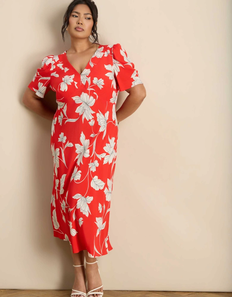 Petite Red Floral V-Neck Puff Sleeve Midi Dress