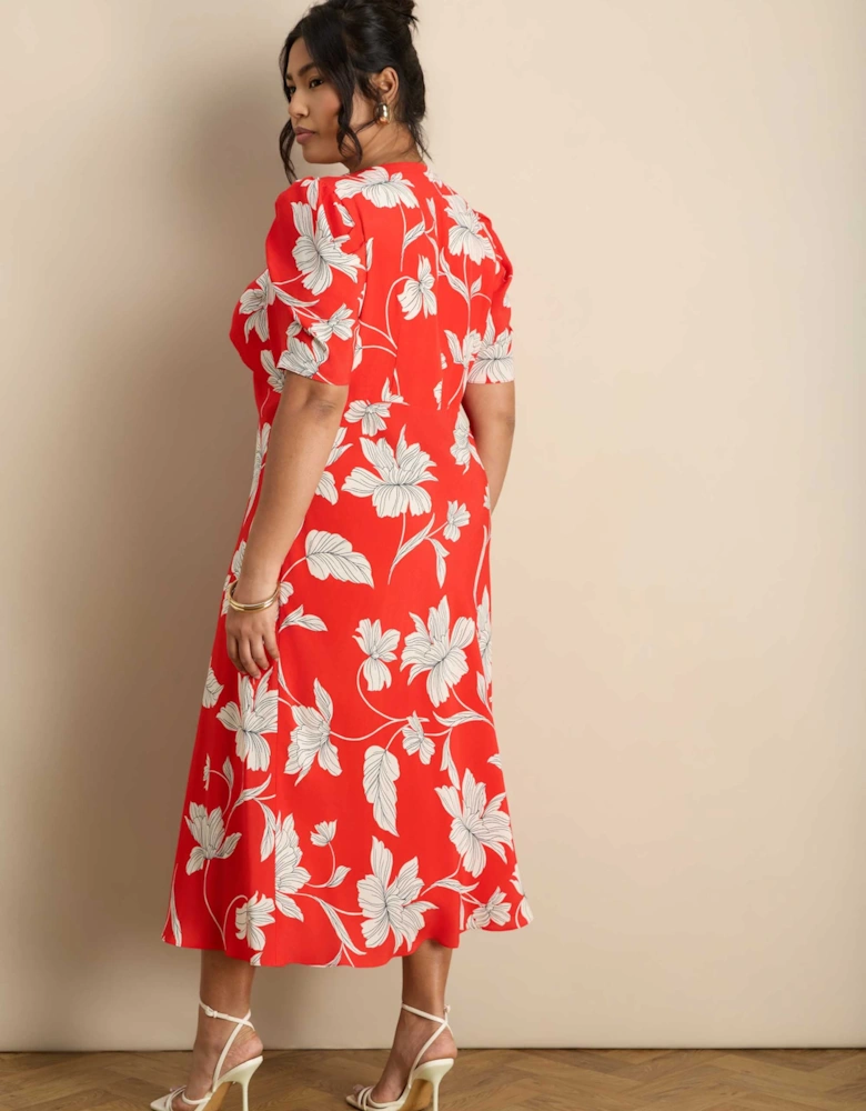 Petite Red Floral V-Neck Puff Sleeve Midi Dress