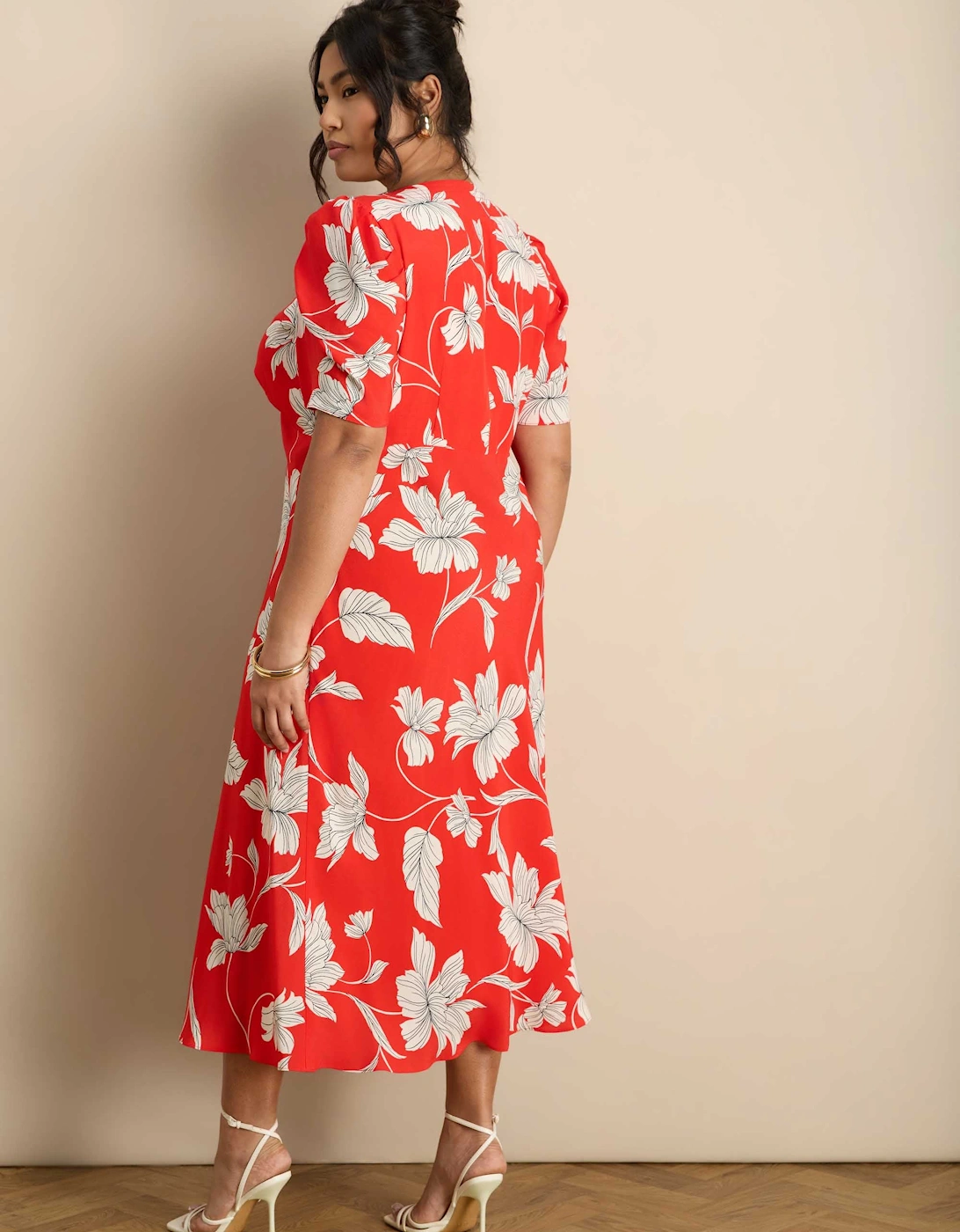 Petite Red Floral V-Neck Puff Sleeve Midi Dress