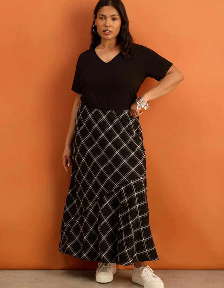 Black Check Bias Cut Flared Midaxi Skirt