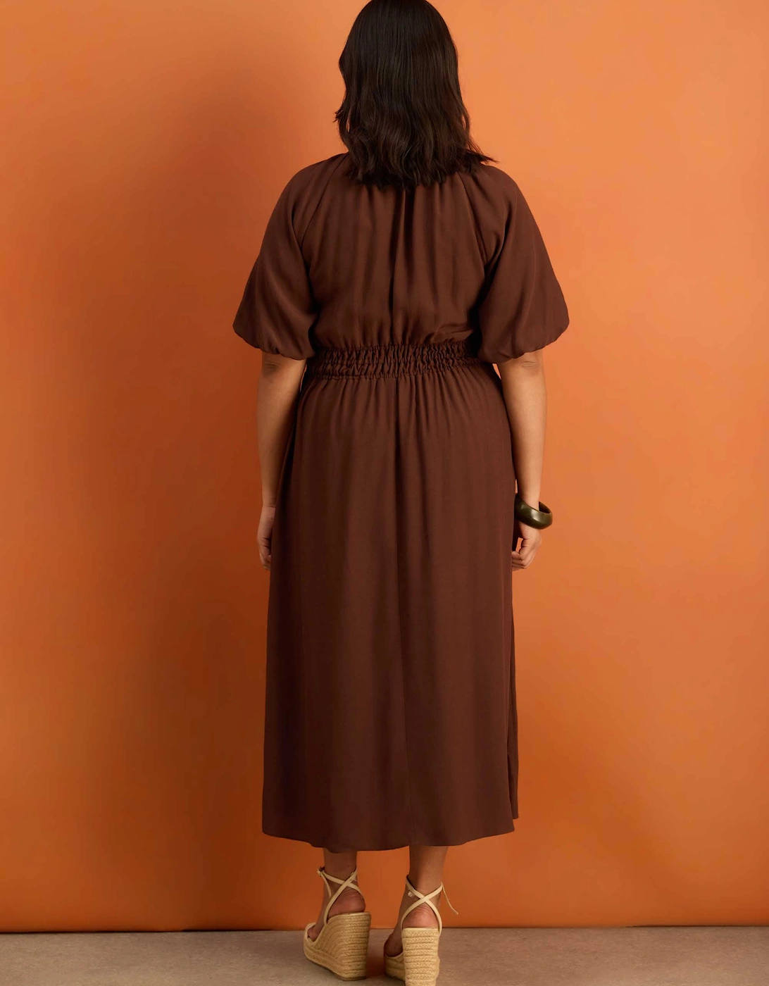 Brown Puff Sleeve Elasticated Waist Dress
