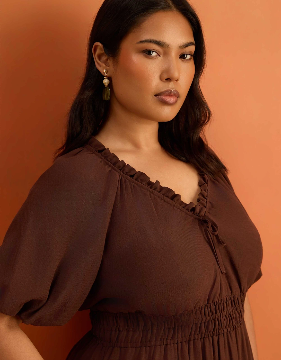 Brown Puff Sleeve Elasticated Waist Dress