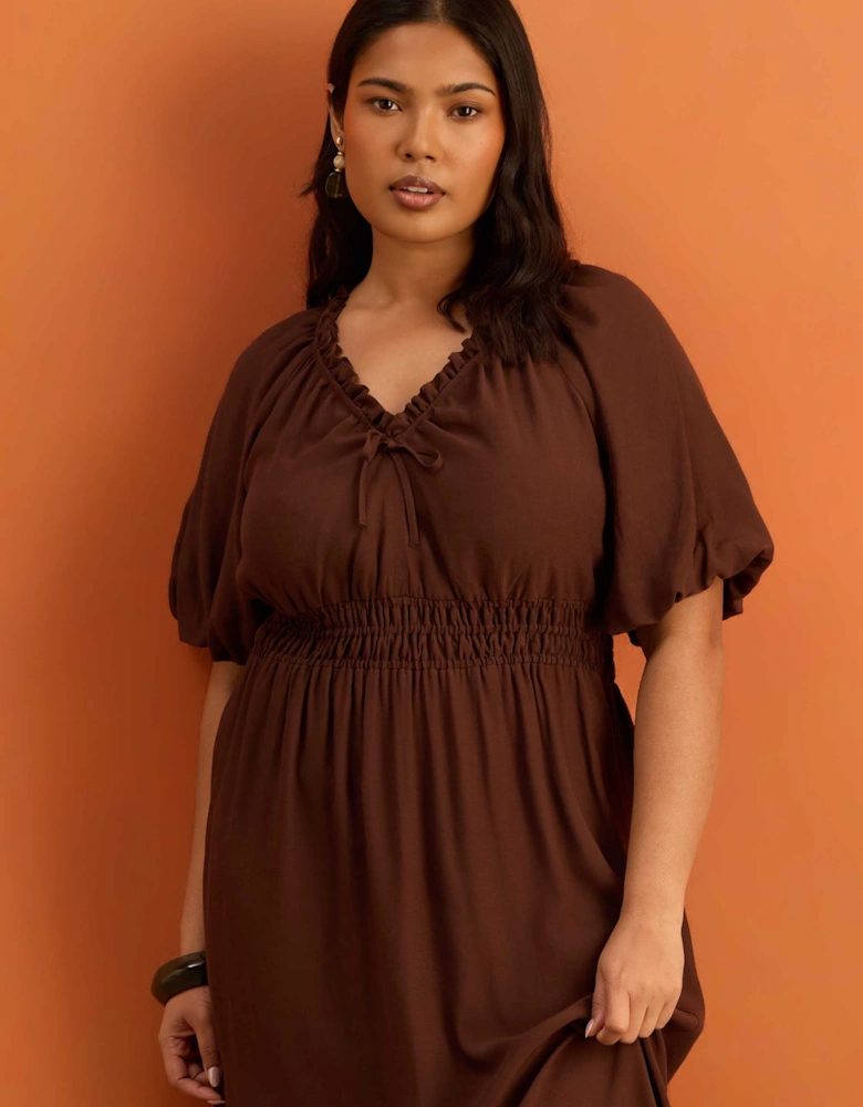 Brown Puff Sleeve Elasticated Waist Dress