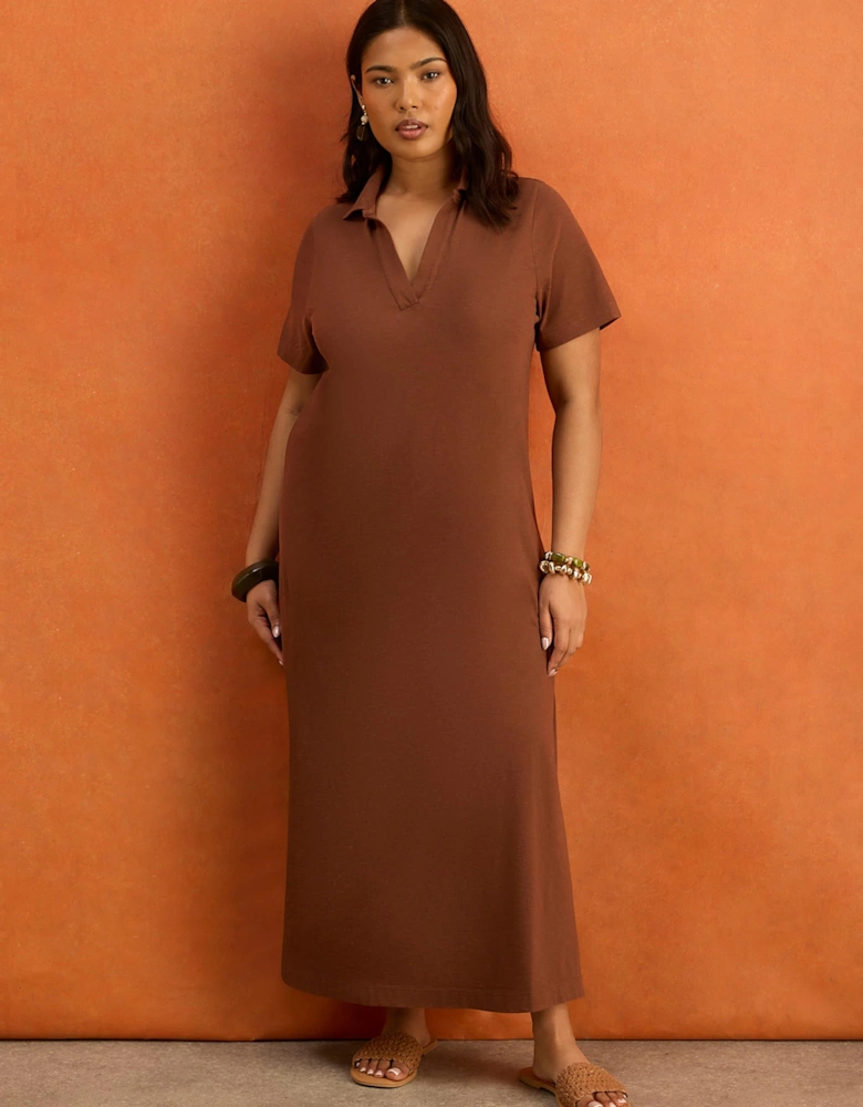 Chocolate Brown Slub Jersey Polo Collared Midi Dress