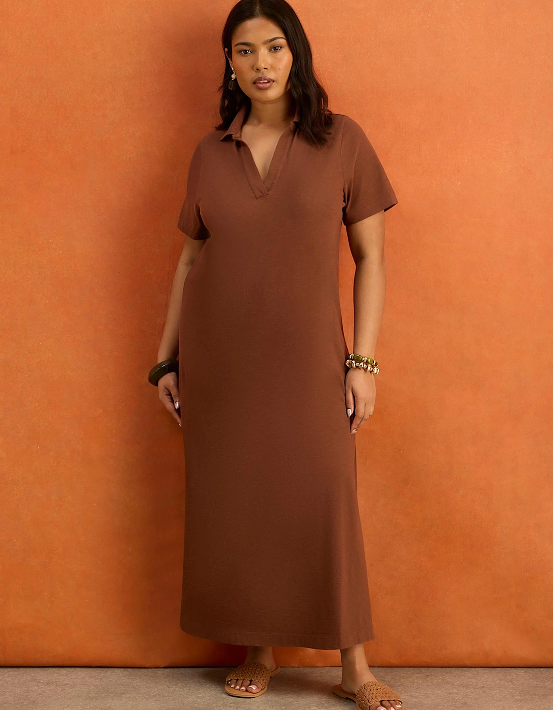 Chocolate Brown Slub Jersey Polo Collared Midi Dress