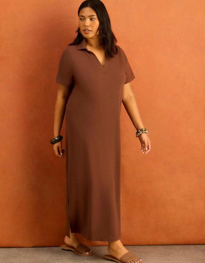 Chocolate Brown Slub Jersey Polo Collared Midi Dress