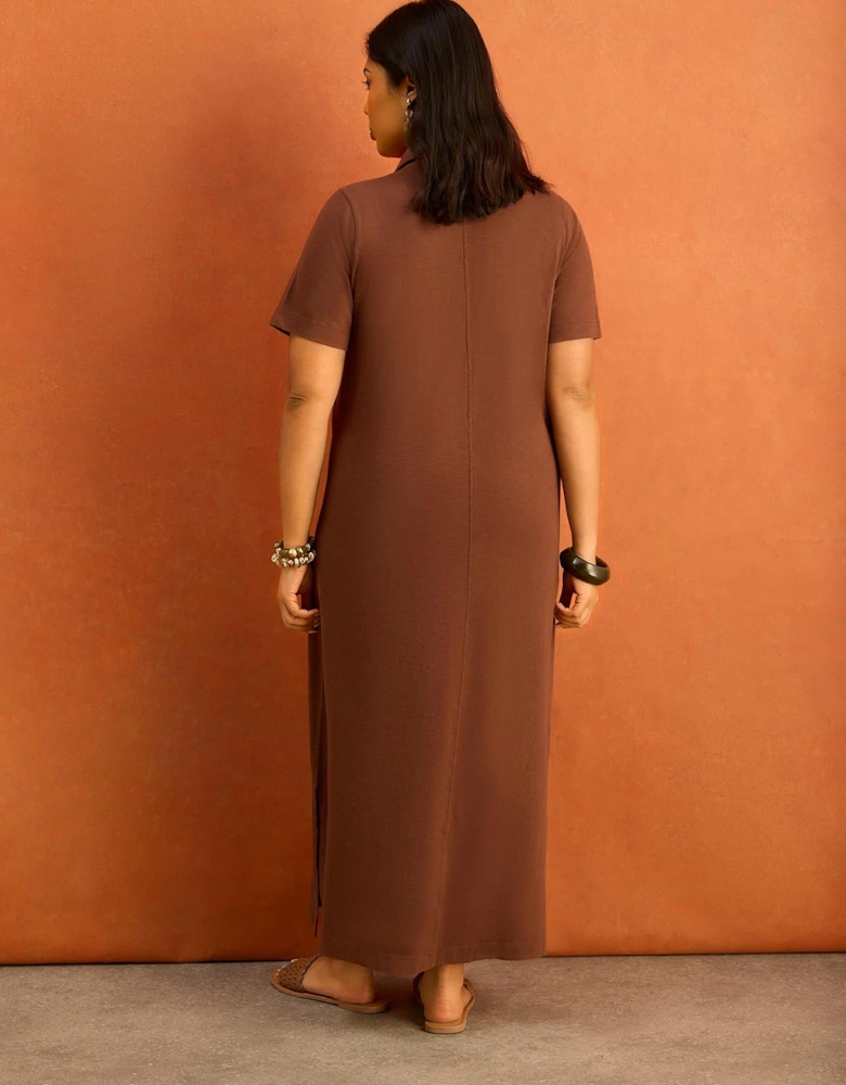 Chocolate Brown Slub Jersey Polo Collared Midi Dress