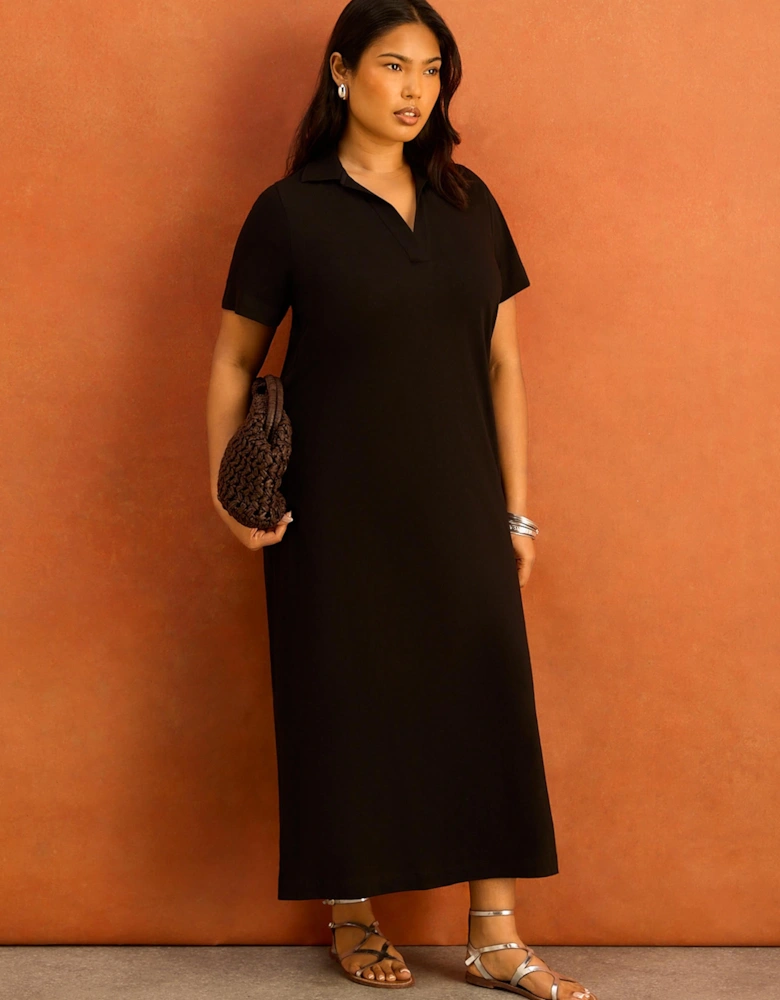 Black Slub Jersey Polo Collared Midi Dress