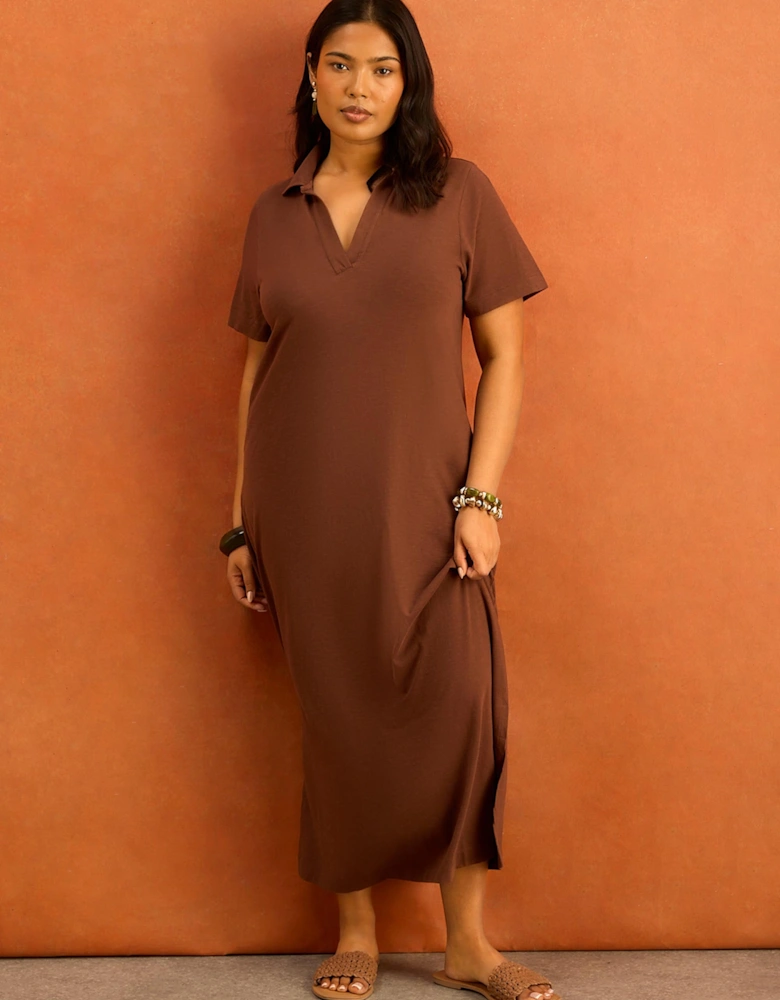 Chocolate Brown Slub Jersey Polo Collared Midi Dress