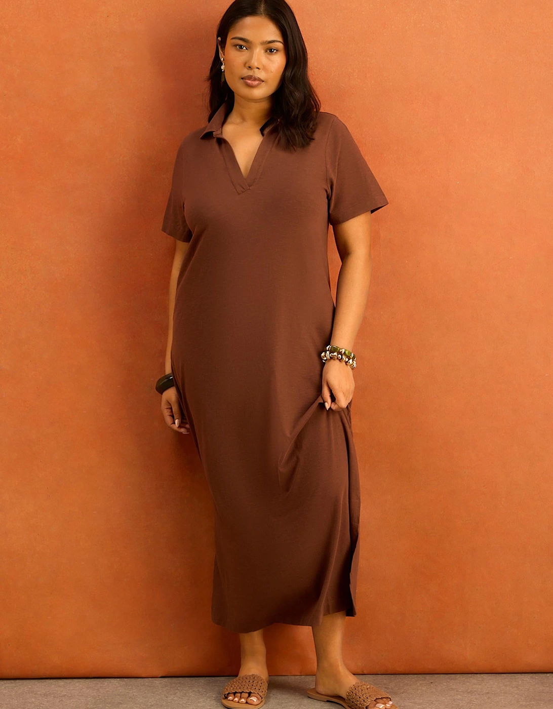 Chocolate Brown Slub Jersey Polo Collared Midi Dress