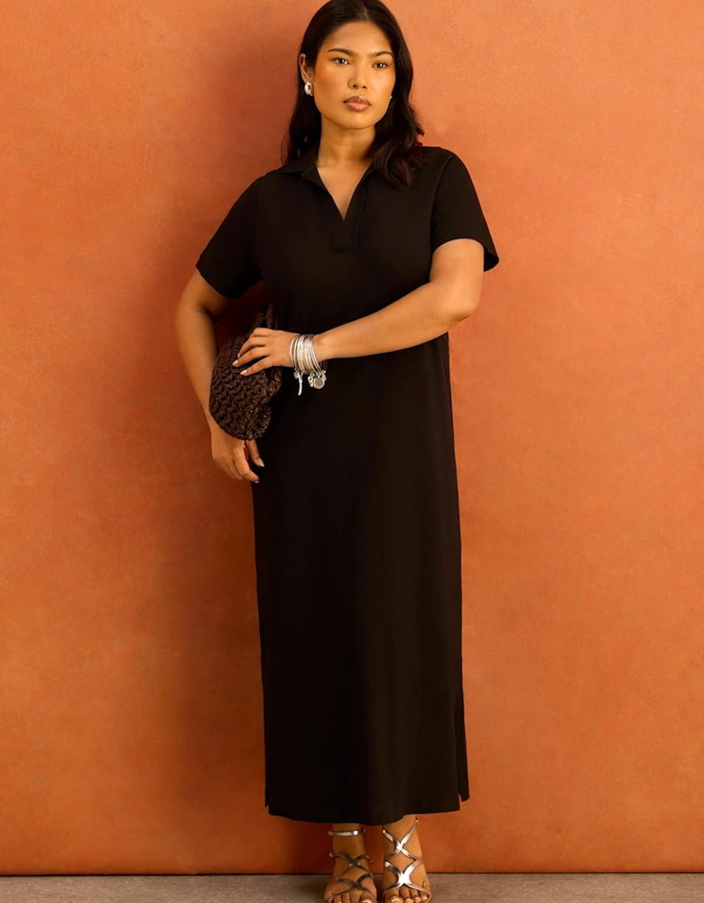 Black Slub Jersey Polo Collared Midi Dress