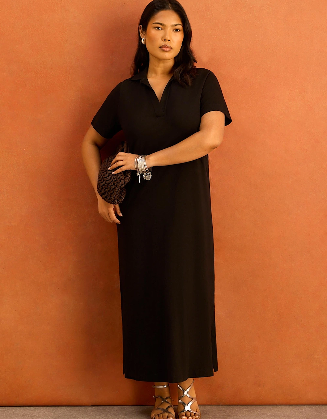 Black Slub Jersey Polo Collared Midi Dress