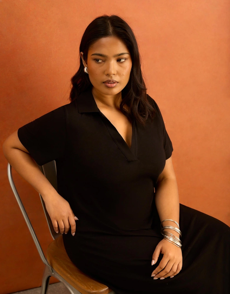 Black Slub Jersey Polo Collared Midi Dress